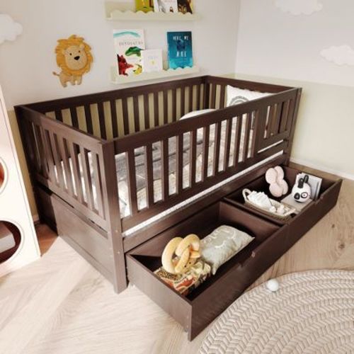 ModernLuxe 3-in-1 Convertible Crib Toddler Bed to Kids Daybed, Pine Wood Transition Bed Frame with 2 Drawers & Removable Guardrails, Espresso