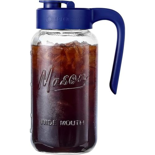 Mason Jar Pitcher - Airtight & Leakproof Glass Pitcher with Lid, Perfect for Breastmilk, Cold Brew, and Sun Tea, 2 Quart (64 oz) Mason Jar with Pour Spout Lid