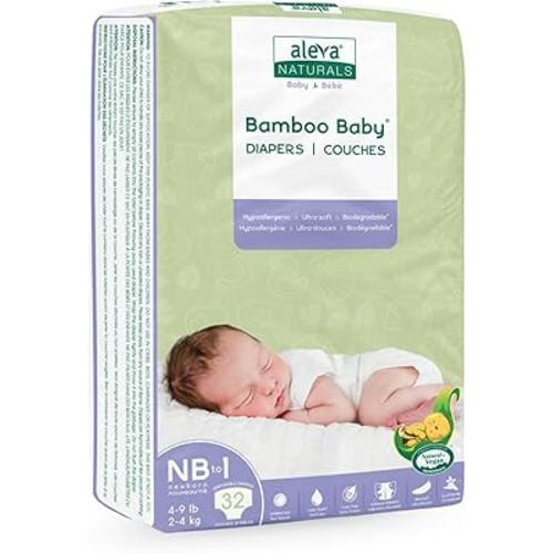 Aleva Naturals Hypoallergenic Bamboo Baby Diapers for Newborn, Ultra Soft, Sensitive Skin Friendly, Biodegradable, Disposable - Size Newborn to 1 (4-9 lbs / 2-4kg), 32 Count