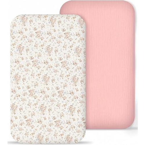 2 Pack Muslin Bassinet Sheets for Boy Girl - Neutral Bassinet Fitted Sheets for Hourglass, Oval, and Rectangle Mattress - 17” x 32” Soft Breathable Cotton Baby Sheets - Dusty Pink & Floral