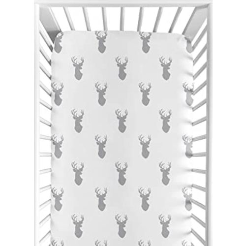 Sweet Jojo Designs Fitted Baby Crib Sheets (Woodland Deer) for Boys, Infant Nursery, Toddler Room - Standard Size (Grey, Stag Antler for The Forest Animal, Classic, Stags Gray and White Collection)