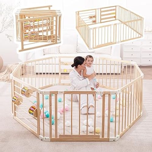 Foldable Wooden Playpen for Babies and Toddlers, 67 * 67 inch Baby Play Yards with Locking Door, Kids Activity Area Center Indoor Outdoor