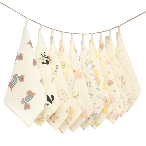 VIVANA Baby washcloths,Soft Newborn Face Towels for Sensitive Skin,Cute Patterns for Infant,Toddler,Kids and Makeup Remover, 10 Pack 12x12 inches Registry as Shower (Animals)
