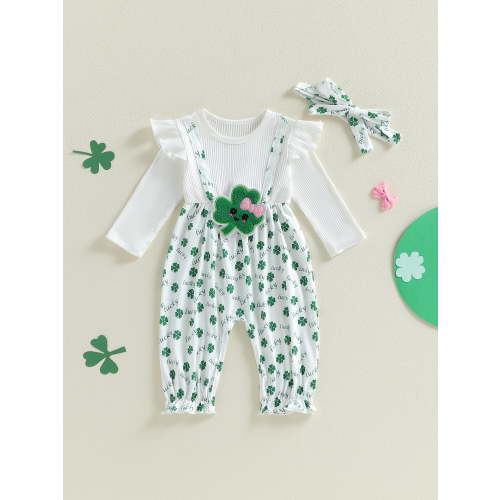 Loicainy Baby Toddler Girl Fake-two jumpduit for Irish, 3 6 12 18 Months Long Sleeve Clover Print Romper with Headband Holiday Clothes
