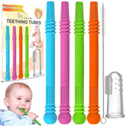 Baby Teether Tubes - Pack of 4 Hollow Teething Sticks with 1 Cleaning Brush & Toothbrush - 100% Food Grade Silicone, BPA Free, and Dishwasher Safe - 4 Vibrant Colors for 6-18 Months Babies