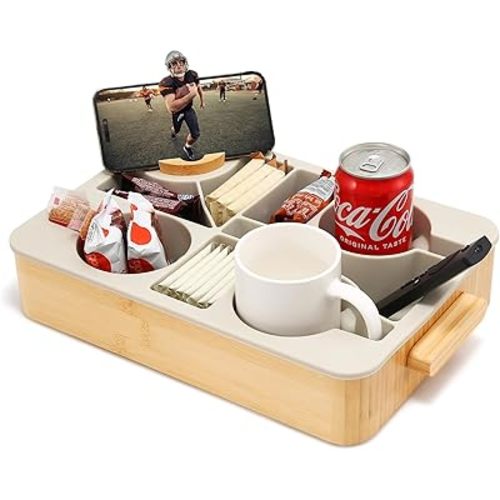 Nnewvante Couch Tray with Removable Silicone Insert, Non-Slip Couch Caddy for Drinks Snacks Remotes, Bamboo Sofa Tray for Deep Couches, Sectionals & Movie Night with Carry Handle 14x10inch