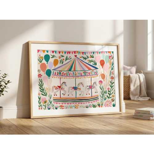 Carousel Nursery Art Print: Whimsical Carnival Print, Colorful Horse Art, Playroom Kids Room Decor, Printed on Museum Quality Paper