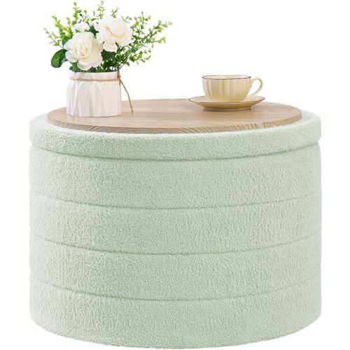 B FSOBEIIALEO Ottoman with Stroage, Round Sherpa Storage Ottoman Stool, Boucle Foot Rest22 x 22"x15.75"(Green