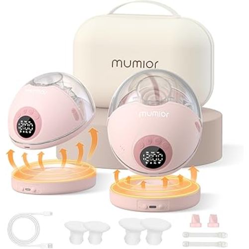 Heated Base Hands Free Breast Pump, Wearable Breastfeeding Pump of Baby Heated Dustproof Base, Automatic Voice Prompts, LED Display with 4 Modes &12 Levels, Memory Function-24 mm, 2 Pack Pink