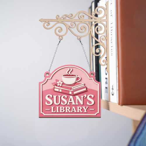 Personalized Bookshelf Sign: Hanging Library Plaque, Custom Color Book and Cup Design