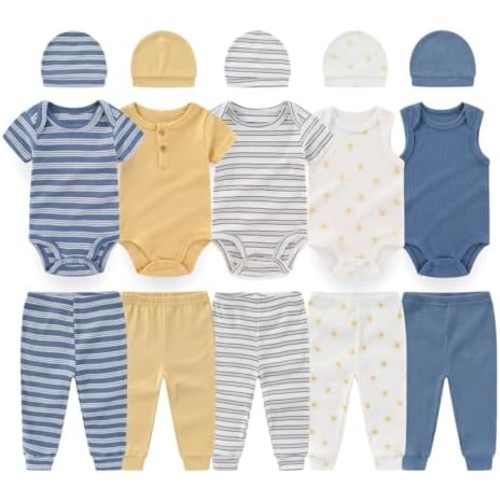 0-12 Months Unisex Baby Pants Sets New born Bodysuit and Hats 15 Pack Boy Girl Infant Comfort Outfit Clothes