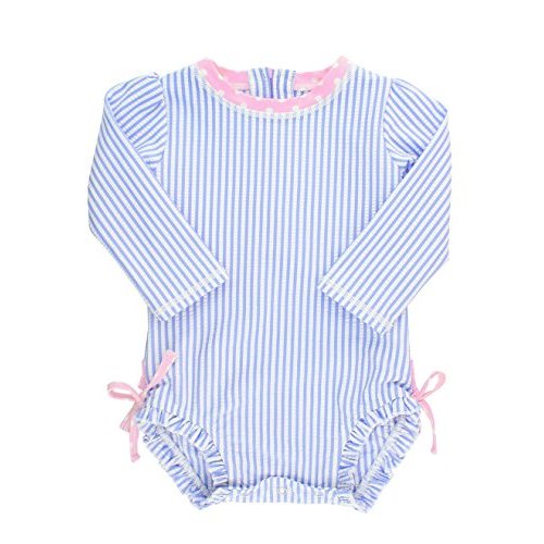 RuffleButts Baby/Toddler Girls Seersucker Long Sleeve One Piece Rash Guard Swimsuit with UPF 50+ Sun Protection