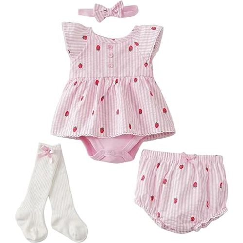Baby Girl Bodysuit Dress Baby Girl Summer Outfits Dress Romper Floral Bloomer Shorts Socks and Headband