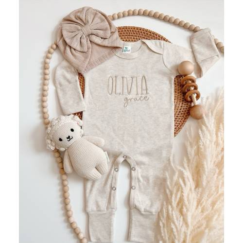 Embroidered Personalized Beige Romper, Minimalistic Coming Home Outfit, Gender Neutral Baby Outfit, Natural, Ivory, Beige Baby Romper