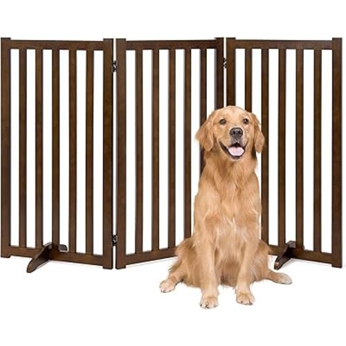 36" Height Extra Tall Freestanding Pet Gate, Solid Wood Folding Safety Fence Wooden Dog Gate with 2 PCs Support Feet Ideal for Stairs, Doorways, Halls, Kitchens, Heavy Duty Gates, 3 Panels, Walnut