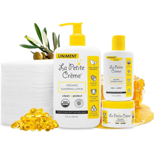 La Petite Creme Premium French Diapering Gift Set: Includes Organic Diapering Lotion (8 oz), Travel-size Liniment Baby Lotion (2 oz), 1 Travel-size Diaper Balm (1 oz), 50 Disposable Cotton Pads