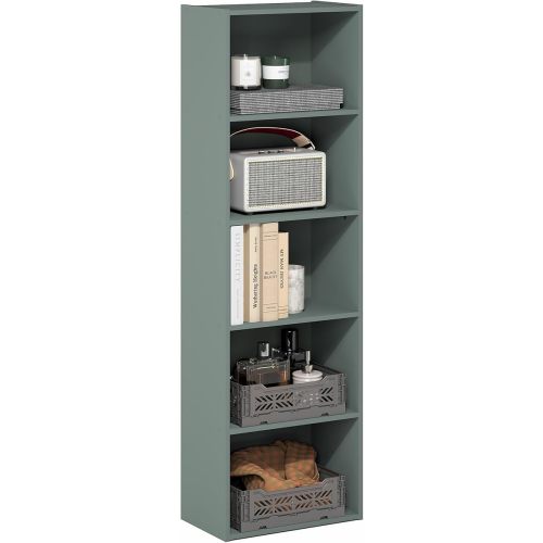 Furinno LUDER Book Shelf, 5-Tier Bookshelf, Bookcase with Open Shelves, 9.4 x 15.8 x 52, Easy Assembly, for Living Room, Bedroom, Home Office, Sage Green