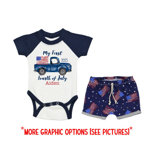 Boy My First Fourth of July Raglan Outfit Personalized Outfit Baby Bodysuit Summer Bodysuit 4th of July Blue Truck Outfit Unisex Flag Shorts