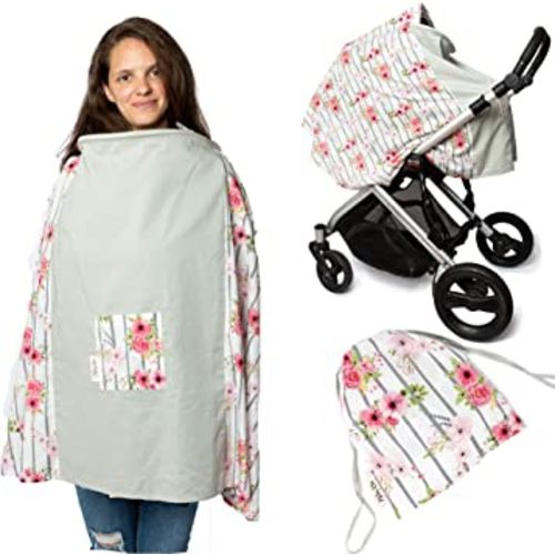 Nursing and Breastfeeding Poncho Patent Pending 360 Full Coverage Wired Nursing Cover and Apron - Breathable, Soft Cotton Carseat, Stroller Canopy Multifunctional Baby Shower Gifts (Pink Floral)