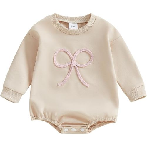 Newborn Baby Girl Fall Outfit Bow Oversized Sweatshirt Bubble Romper Long Sleeve Sweater Bodysuit One-Piece Jumpsuit