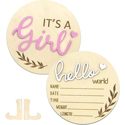 Birth Announcement Sign, Gender Reveal 2PCS Its a Girl and Hello World Baby Welcome Sign Wooden Name Newborn Announcement Board for Baby Shower Photo Props Hospital Nursery