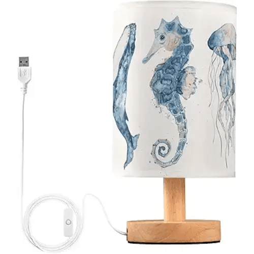 Table Lamp Watercolor Ocean Fish Jellyfish Whale Seahorse Blue Sea Life Animal Nightstand Lamp with Wood Base Fabric Lamp Shade Bedside Desk Lamp for Living Room Bedroom Kids Room Office