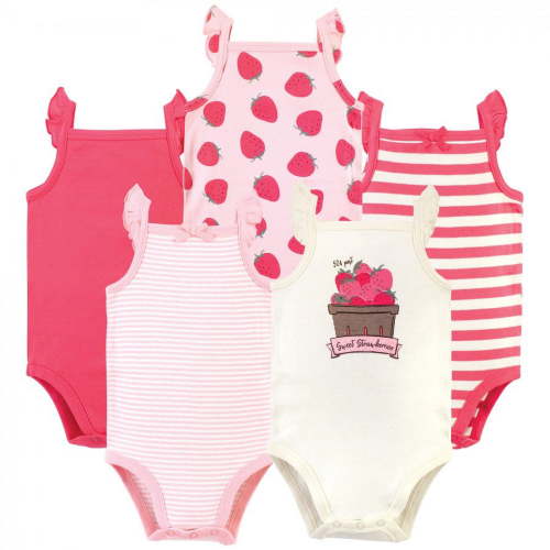 Touched by Nature Baby Girl Organic Cotton Bodysuits 5pk, Strawberries, 9-12 Months