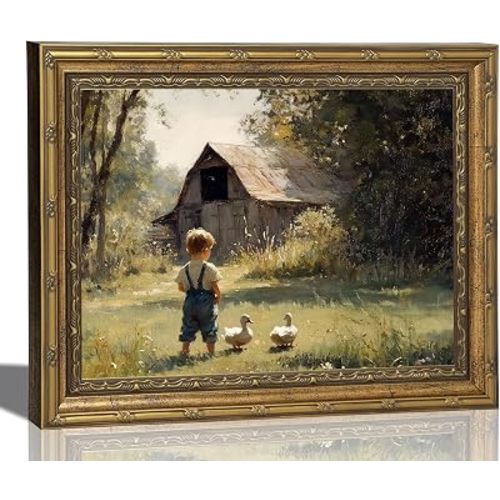 Tertiosh Gold Frame Vintage Country Canvas Wall Art Boy Duckling Barn Wall Decor Picture Rural Farm Painting Print Artwork for Retro Farmhouse Home Children's Room Decoration 9x11in