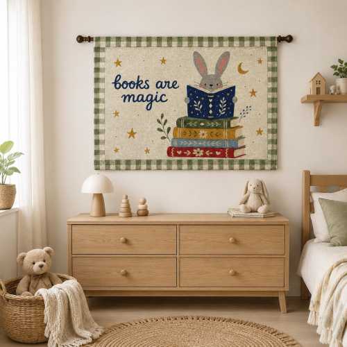 Books Are Magic Bunny Reading Woven Tapestry, Whimsical Nursery Wall Decor, Kids Room Decor, Book Lover Gift