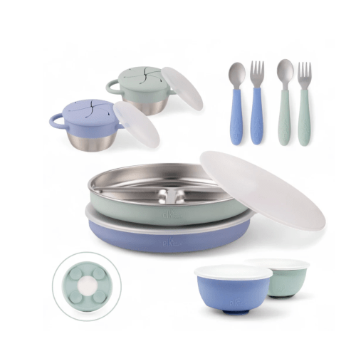 Stainless Steel Mealtime Bundle | Plates, Bowls, Snack Cups + Toddler Utensils | Suction Sleeves | Sage/MistyBlue