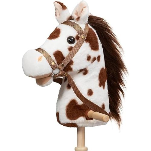 HollyHOME Stick Horse Plush Handcrafted Hobby Horse on a Stick with Wood Wheels Real Pony Neighing and Galloping Sounds for Kids Toddlers Appaloosa 36 Inches (AA Batteries Required)