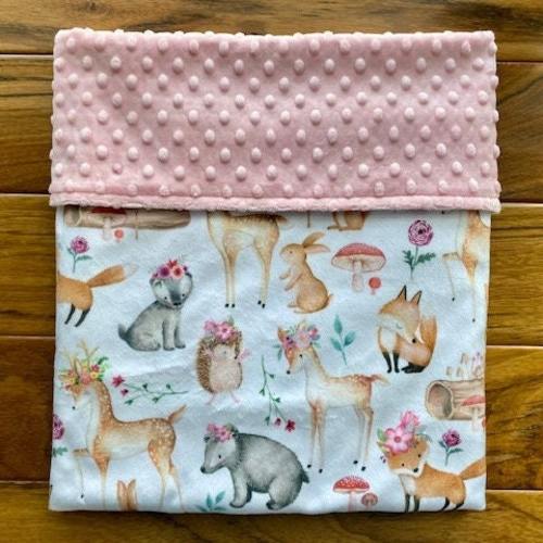 Woodland Baby Girl Blanket, Personalized Forest Animals Minky Blanket, Woodland Baby Shower Gift for Girl, Deer Fox Bunny Baby Blanket