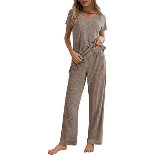 Ekouaer Womens Ribbed Knit Lounge Set Short Sleeve Top and Long Pants Pajamas V Neck 2 Piece Sleepwear