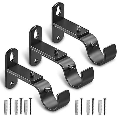 Adjustable Curtain Rod Brackets, Metal Window Drapery Rod Hanger Holders Hooks for 1 inch Rods (Black, Set of 3)
