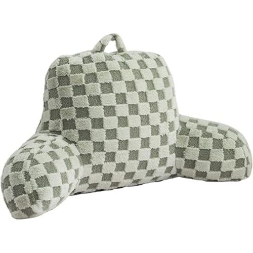 Aimuan Reading Pillow Checkered Bed Rest Wedge Backrest Checkerboard Pillow with Arms Back Support for Sitting Up in Bed Cushion Incline Rest Sleeping Snoring Pillow, Light Green Large