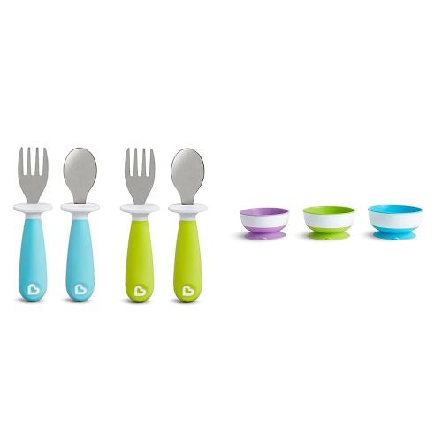 Munchkin® Raise™ Toddler Plastic Fork and Spoon Utensil Set, 4 Pack, Blue/Green & Stay Put™ Suction Bowls for Babies and Toddlers, 3 Pack, Blue/Green/Purple