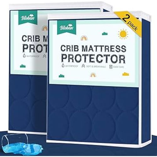 Biloban Navy Blue Crib Mattress Protector 2 Pack, Waterproof, Quilted, Absorbent, Noiseless, Durable Mattress Cover, Perfect Fit for Toddler Bed