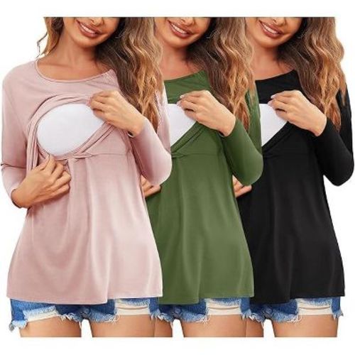 Ekouaer Women 3 Packs Nursing Shirts Long Sleeve Breastfeeding Tops Round Neck Postpartum Clothes Double Layer Maternity Tee GP1 S