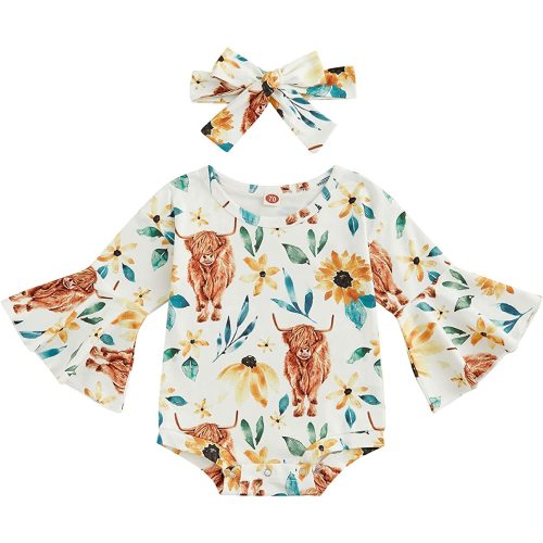 Newborn Baby Girl Romper Flare Long Sleeve Floral Cow Print Bodysuit Jumpsuit with Headband Cute Fall Winter Clothes