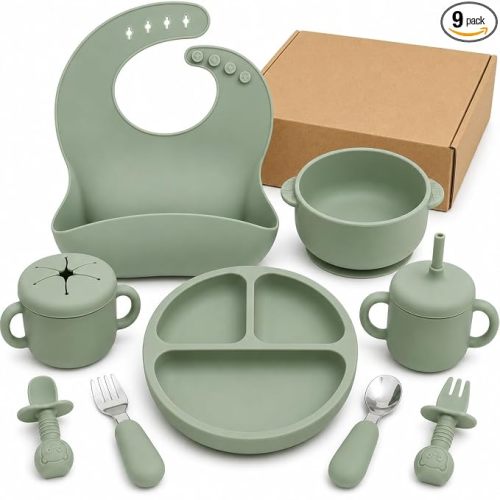 Bufims Silicone Baby Feeding Set for Baby Led Weaning 9-Piece, Sage Green