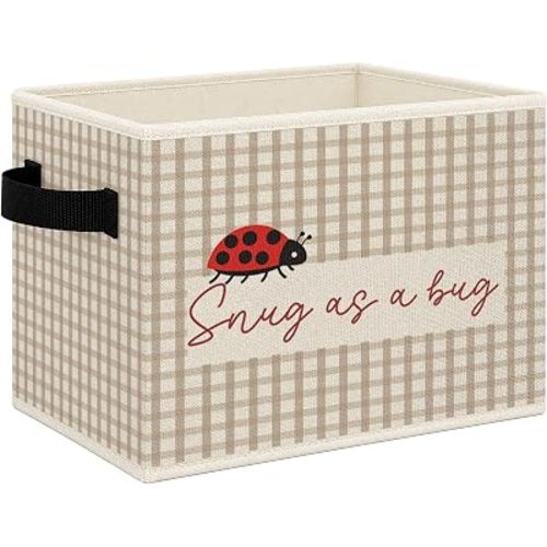 Ladybug Kids Nursery Foldable Storage Bins Box with Handles, Snug as a Bug Neutral Gingham Collapsible Toys Books Clothes Organizer Basket for Kids Nursery Room Bedroom Bathroom Playroom