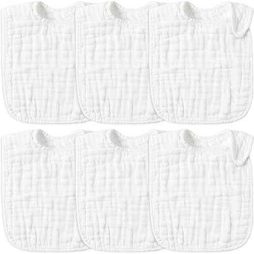 Zainpe 6Pcs Snap Muslin Cotton Baby Bibs White Adjustable Drool Bib with 6 Absorbent Soft Layers, Machine Washable Unisex Burp Cloths for 3 to 36 Months Boys Girls Infant Newborn Toddler