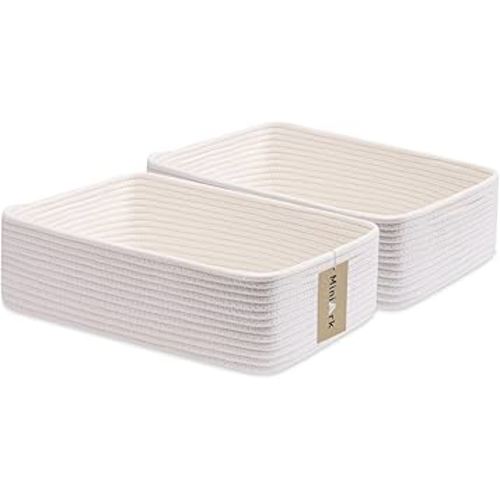 Large Shallow Organizing Baskets 15x11x5.1 Inches - Rope Woven Storage Bins for Bathroom, Shelves, Cube Closet, Off White 2 Packs