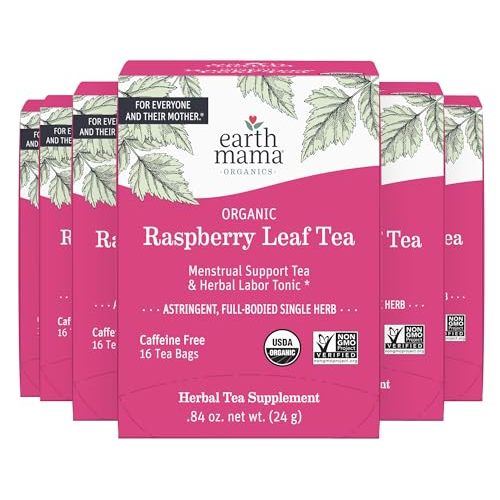 Earth Mama Organic Raspberry Leaf Tea Bags | Labor Tonic & Menstrual Support Herbal Tea, Red Raspberry Leaf Tea for Pregnancy & Postpartum Care Recovery, Caffeine Free Tea, Non GMO, (16 Teabags, 6-Pk)