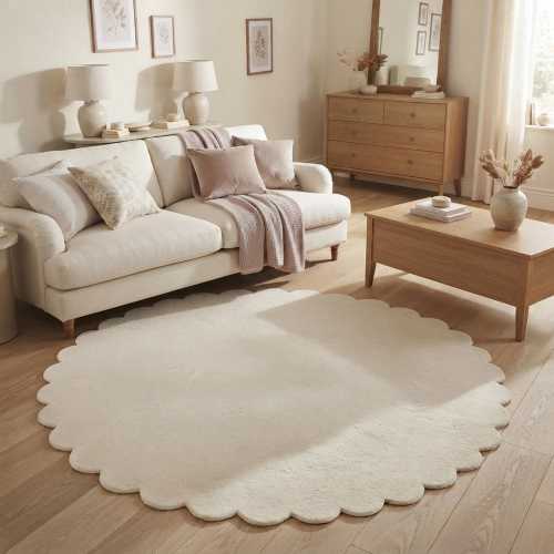 Scalloped Round Wool Rug, Ivory Cream, Hand Tufted, Minimalist Nursery, Modern Living Room
