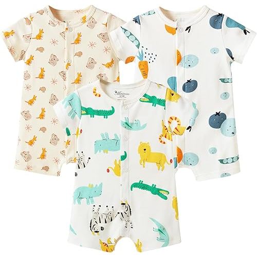 Baby Boy 3-Pack 100% Cotton Short Sleeve Rompers-Breathable One-Piece Jumpsuits with Animal Themes for Spring/Summer