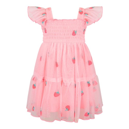 Flutter Sleeve Smocked Strawberry Embroidered Dress