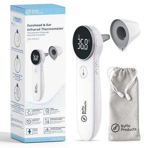 ByFloProducts, Ear and Forehead Thermometer, Thermometer Adult and Baby, Forehead Digital Thermometer, Infrared Touchless Thermometer, Temperature Memory and Fever Alarm, Easy to Use, Proudly Canadian | Infrared, touchless, digital, 20-reading memory. 4-i