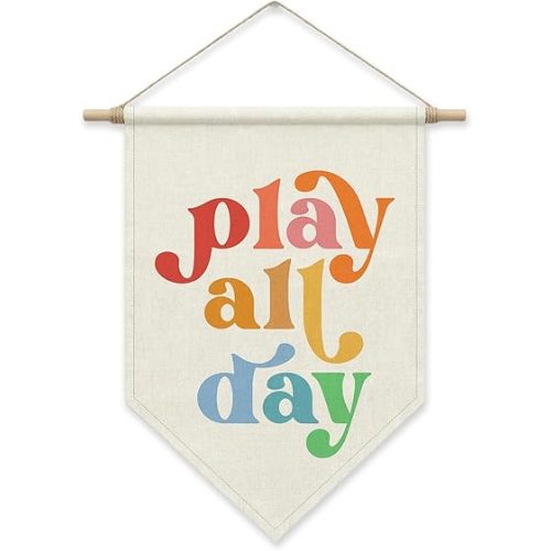 Play All Day Poster Banner, Kids Playroom Wall Decor for Baby, Boho Nursery Play Room Sign for Boys Girls Toddler, 15.7x11 inch