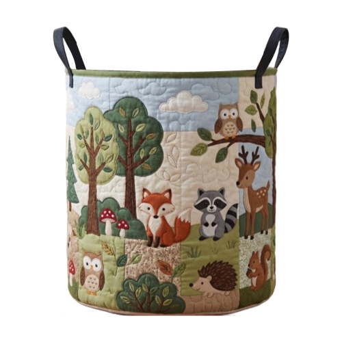 Quilted Laundry Basket with Handles, Woodland Forest Animal Pattern Collapsible Fabric Laundry Hamper